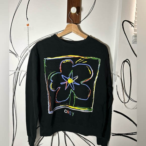 Obey Black Graffiti Flower Graphic Sweatshirt Size Small - Picture 1 of 8
